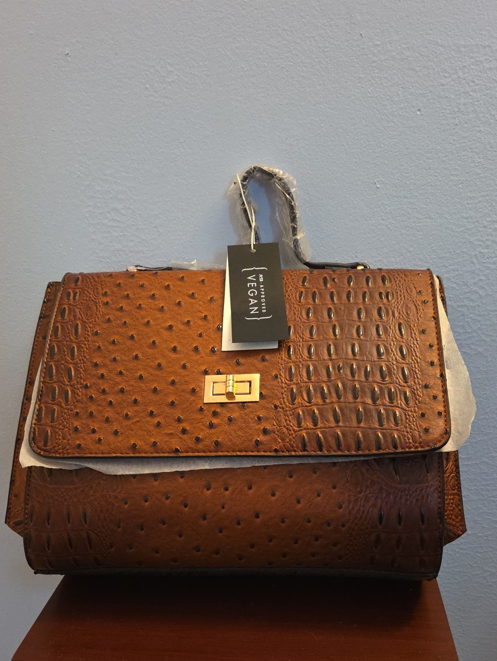 Vegan Leather Croc-Embossed Satchel - Brown
